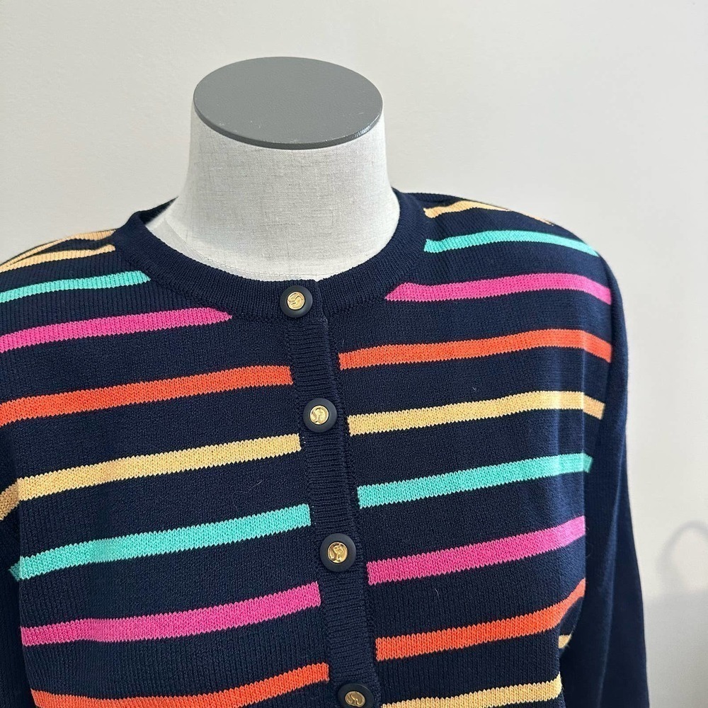 St. John Collection Santana Blue Rainbow Knit Size S Cardigan Iconic Buttons